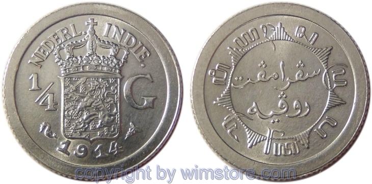 Niederländisch Ostindien, 1/4 Gulden 1914, KM 312, Silber, st