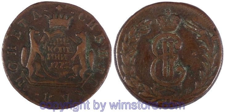 Russland - Sibirien, 2 Kopecken 1772 KM, C 4, Kupfer, -ss