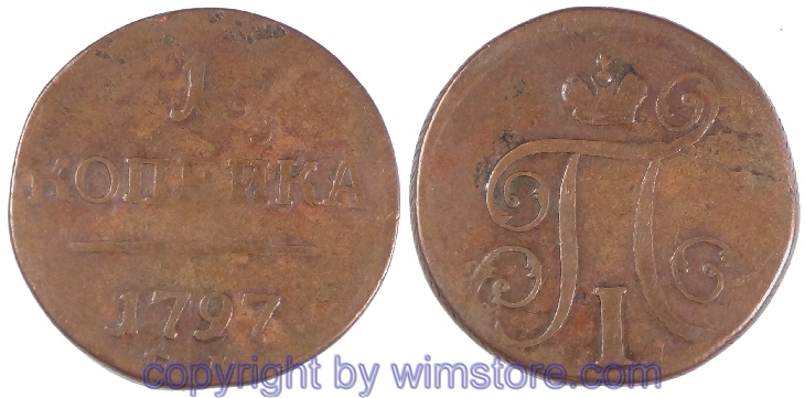 Russland, 1 Kopek 1797 EM, C 94.2, Kupfer, s, Sf, kl. Rs.