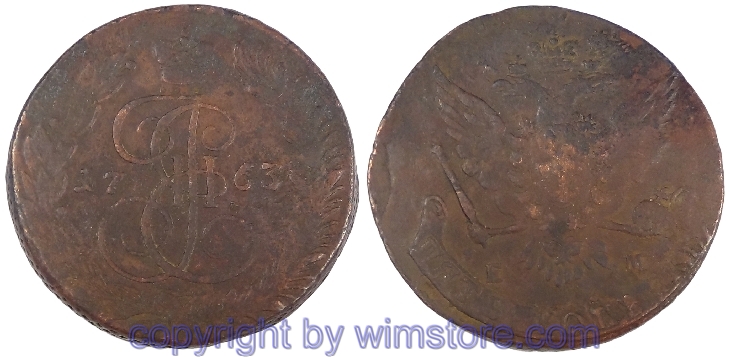 Russland, 5 Kopeken 1764 EM, C 59.3, Kupfer, s-ss