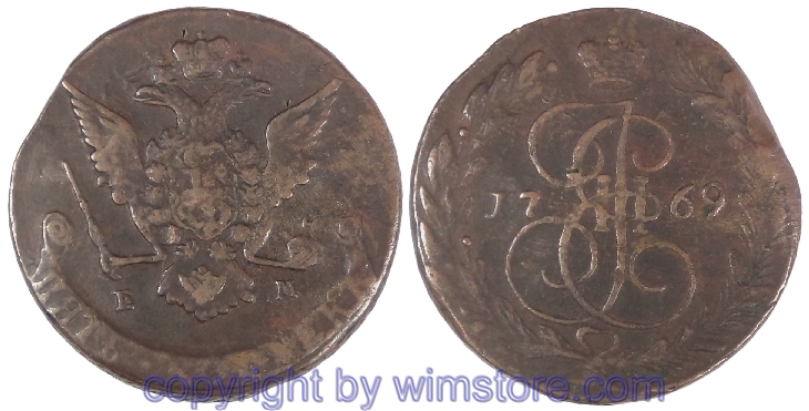 Russland, 5 Kopeken 1769 EM, C 59.3, Kupfer, ss, Rs.