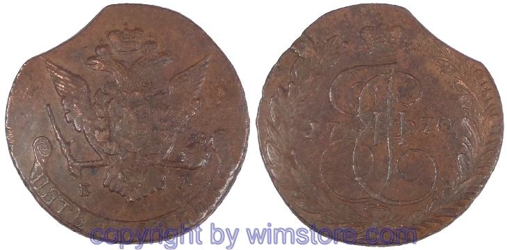 Russland, 5 Kopeken 1770 EM, C 59.3, Kupfer, ss-vz, Zainende