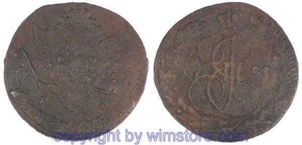 Russland, 5 Kopeken 1780 EM, C 59.3, Kupfer, ss