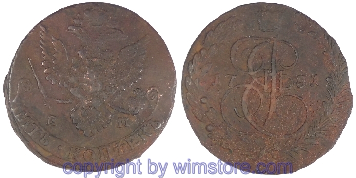 Russland,  5 Kopeken 1781 EM, C 59.3, Kupfer, ss