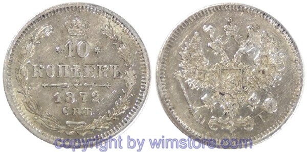 Russland, 10 Kopeken 1872 H I, Y 20a.2, Silber, -st