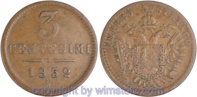 Lombardei Venetien, Franz Josef I., 3 Centesimi 1852 V, J 302, Kupfer, ss