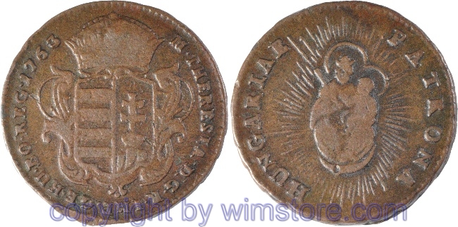 Maria Theresia, 1 Denar 1763, Kremnitz, vHer 1696, Strahlenkranzvariante, Kupfer, ss