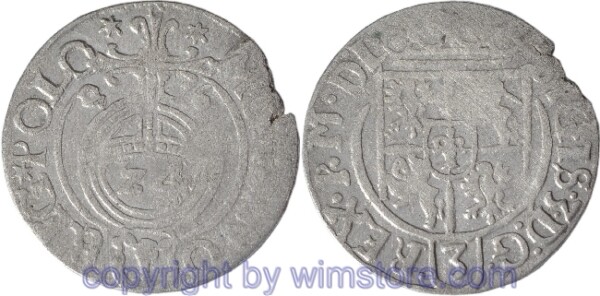 Polen 1587 - 1632, Dreipölker 1625 mit Polkozic Wappen, Wert mit 24, Gumowski 975 Silber, ss