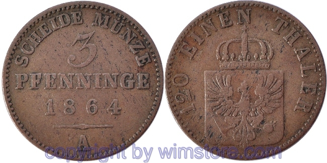 Preussen, 3 Pfennig 1864 A, KM 482, Kupfer, ss