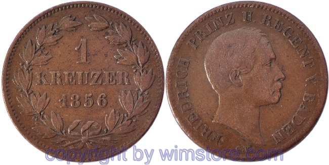 Baden, 1 Kreuzer 1856, PRINZ U. REGENT VON BADEN, KM 231, Kupfer, s