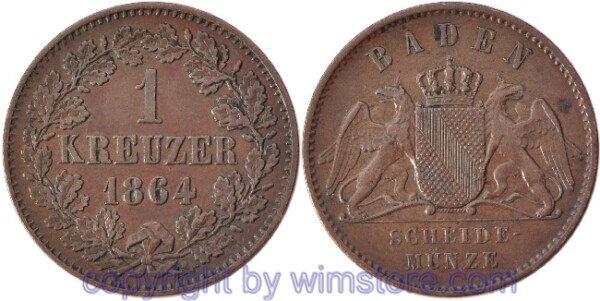 Baden, 1 Kreuzer 1864, KM 242, Kupfer, ss