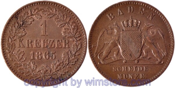 Baden, 1 Kreuzer 1865, KM 242, Kupfer, vz