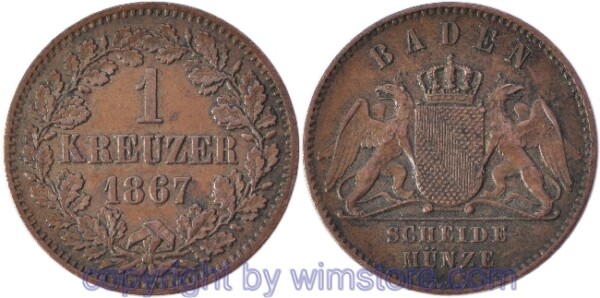 v29682 Baden, 1 Kreuzer 1867, KM 242, Kupfer, ss
