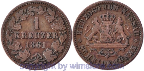 Nassau, 1 Kreuzer 1861, KM 74, Kupfer, ss