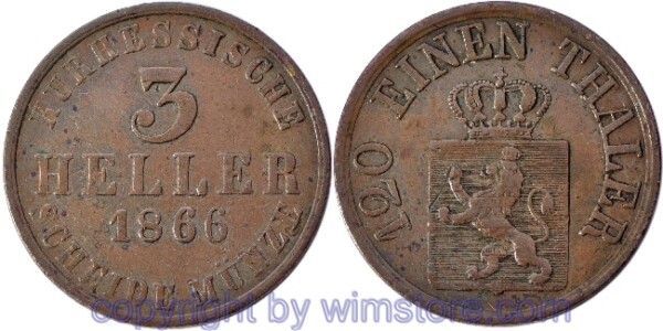 Hessen Kassel, 3 Heller 1866, KM 612, Kupfer, ss