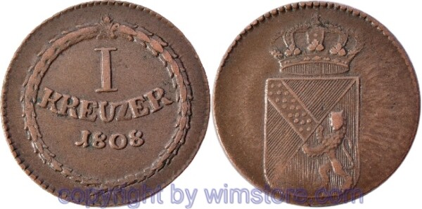 v29701 Baden, 1 Kreuzer 1808, KM 141, Kupfer, ss-vz