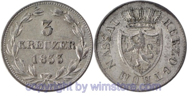 Nassau, 3 Kreuzer 1833, KM 52, Silber, vz