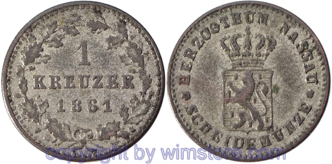 Nassau, 1 Kreuzer 1861, KM 77, Silber, ss-vz