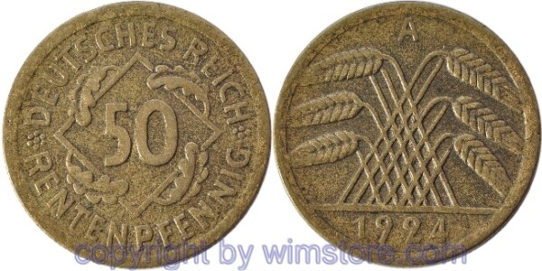 Weimarer Republik, 50 Rentenpfennig 1924 A, KM 34, Alu/Bro, ss