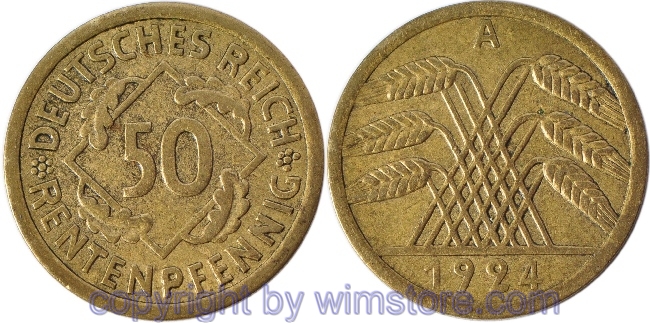 Weimarer Republik, 50 Rentenpfennig 1924 A, KM 34, Alu/Bro, ss