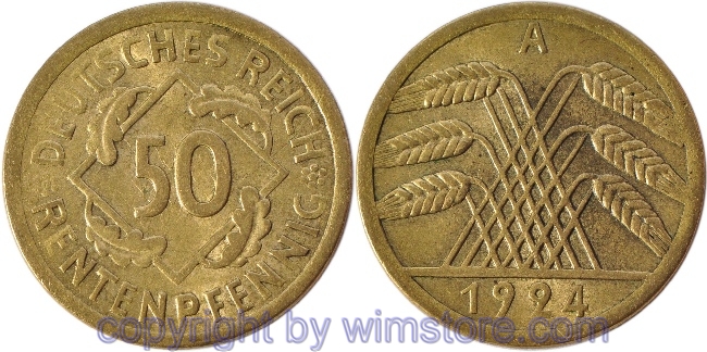 Weimarer Republik, 50 Rentenpfennig 1924 A, KM 34, Alu/Bro, vz