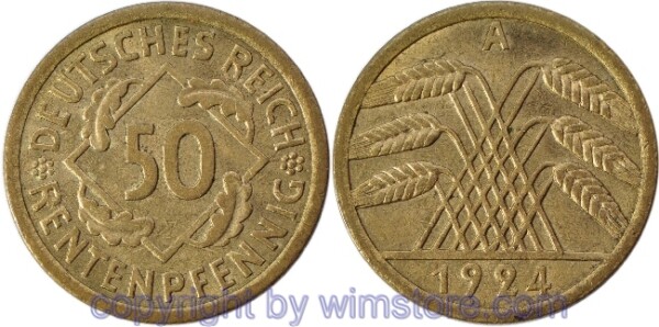 Weimarer Republik, 50 Rentenpfennig 1924 A, KM 34, Alu/Bro, vz