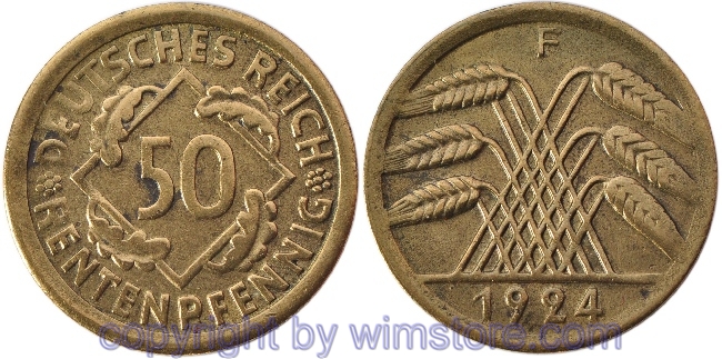 Weimarer Republik, 50 Rentenpfennig 1924 F, KM 34, Alu/Bro, ss