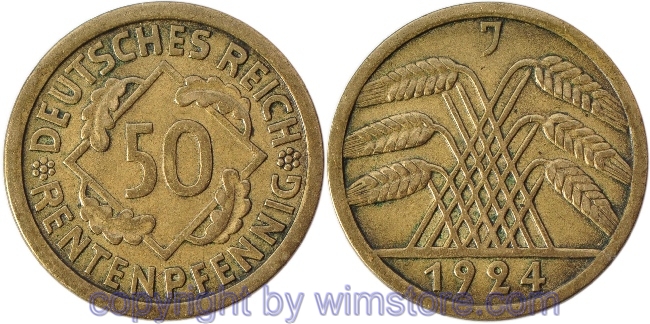 Weimarer Republik, 50 Rentenpfennig 1924 J, KM 34, Alu/Bro, ss