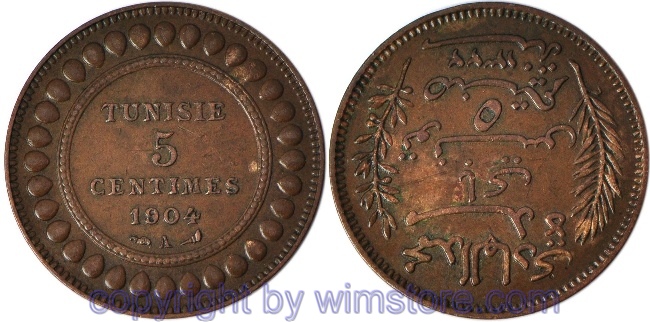 Tunesien, 5 Centimes 1904 A, KM 228, Bronze, ss