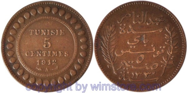 Tunesien, 5 Centimes 1912 A, KM 235, Bronze, ss