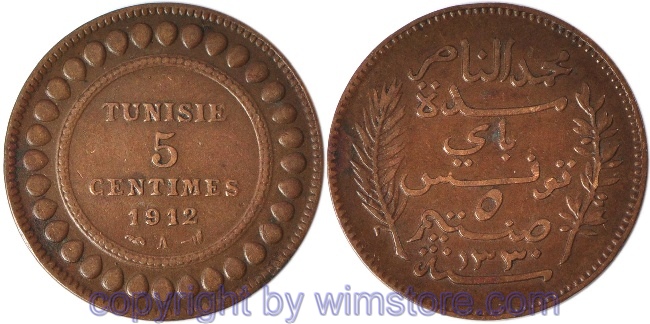 Tunesien, 5 Centimes 1912 A, KM 235, Bronze, ss