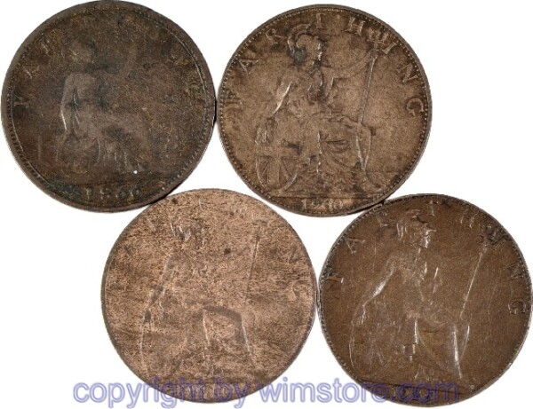 Großbritannien Lot: Farthing, 4 Stück, verschiedene Jahre, minder erhalten