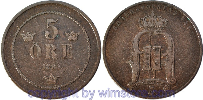 Schweden, 5 Öre 1881, KM 736, Bronze, -ss
