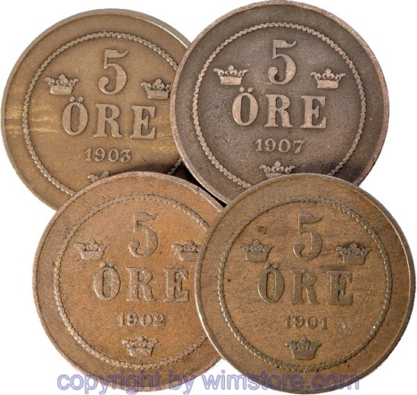 Schweden Lot: 5 Öre 1901, 1902, 1903 und 1907. 4 Stk., ~ss, kl. Rsn. vorhanden.