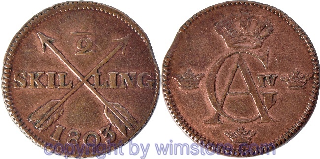 Schweden, 1/2 Skilling 1803, KM 565, Kupfer, ss, Zainende