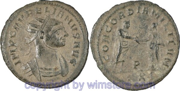 Aurelianus 270 - 275, Antoninian, IMP C AURELIANVS AVG // CONCORDIA MILITVM / XXI, im Feld P, AE, ss