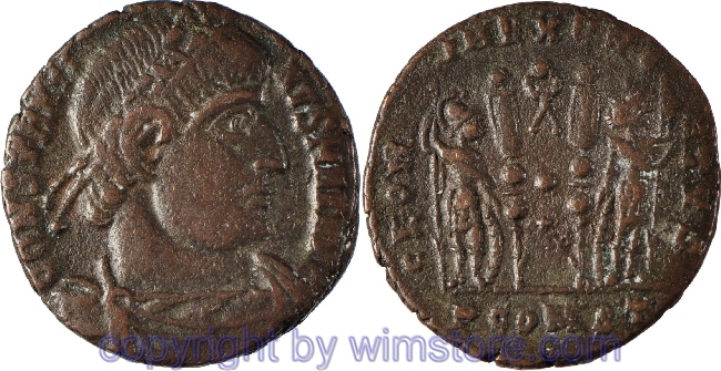 Constantinus I. Magnus 306 - 337, Arelate, Follis, 16,6 mm, 2,26 g, CONSTANTINVS MAX AVG // GLORIA EXERCITVS / PCONST, AE, ss