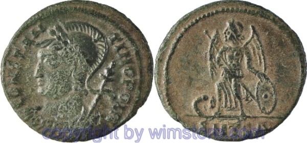 Constantinus I. Magnus 306 - 337, Städteprägung für Konstantinopel, Thessalonica, Follis, 19,3 mm, 2,16 g, CONSTANTINOPOLIS // keine Umschrift / SMTSA, AE, ss