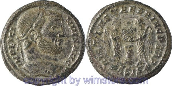 Licinius I. 308 - 324, Siscia, Follis, 19,8 mm, 2,71 g, IMP LICINIVS AVG // VICT LAETAE PRINC PERP / ASIS☆, AE, -ss