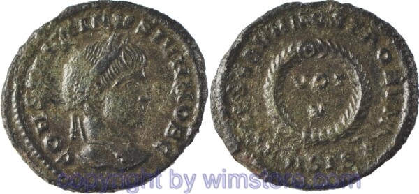 Constantinus II. 317 - 340, Siscia, Follis, 19,7 mm, 2,65 g, CONSTANTINVS IVN NOB C // CAESARVM NOSTRORVM / ASIS☆, AE, -ss