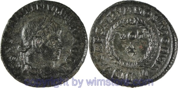 v30622 Constantinus II. 317 - 340, Siscia, Follis, 18,9 mm, 3,10 g, CONSTANTINVS IVN NOB C // CAESARVM NOSTRORVM / ΔSIS Palmzweig, AE, ss-vz