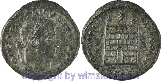 Constantinus II. 317 - 340, Siscia, Follis, 18,8 mm, 3,14 g, CONSTANTINVS IVN NOB C // PROVIDENTIAE CAESS / •ЄSIS•, AE, ss-vz