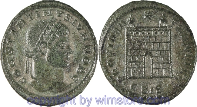 Constantinus II. 317 - 340, Siscia, Follis, 20 mm, 2,95 g, CONSTANTINVS IVN NOB C // PROVIDENTIAE CAESS / •ЄSIS•, AE, ss, bei CAESS Stempel verunreinigt