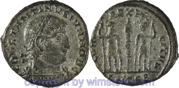 v30630 Constantinus II. 317 - 340, Thessalonica, Follis, 16,6 mm, 1,73 g, CONSTANTINVS IVN NOB C // GLORIA EXERCITVS / SMTSB, AE, ss, Umschrift nicht vollständig