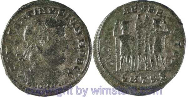 v30631 Constantinus II. 317 - 340, Thessalonica, Follis, 19,3 mm, 2,22 g, CONSTANTINVS IVN NOB C // GLORIA EXERCITVS / SMTSB, AE, -ss