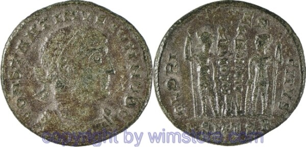 v30632 Constantinus II. 317 - 340, Thessalonica, Follis, 18,7 mm, 2,53 g, CONSTANTINVS IVN NOB C // GLORIA EXERCITVS / SMTSB, AE, -ss