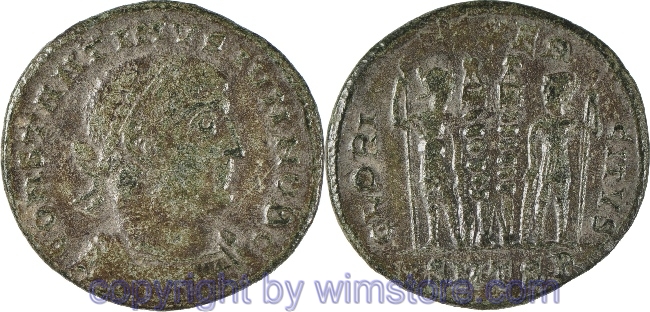 Constantinus II. 317 - 340, Thessalonica, Follis, 18,7 mm, 2,53 g, CONSTANTINVS IVN NOB C // GLORIA EXERCITVS / SMTSB, AE, -ss