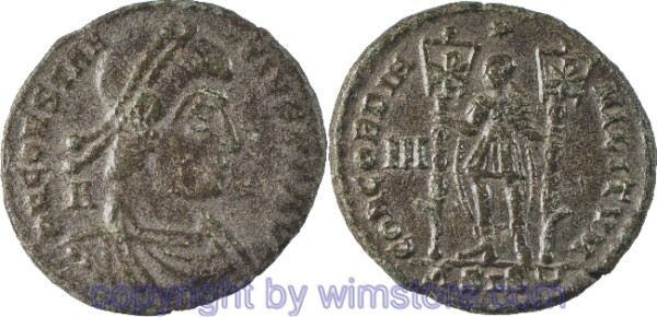 Constantius II. 324 - 361, Siscia, Maiorina, 22,8 mm, 4,72 g, D N CONSTANTIVS P F AVG // CONCORDIA MILITVM / ASISᴗ, AE, -ss