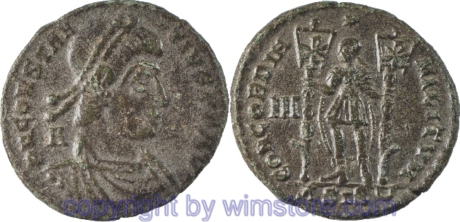 Constantius II. 324 - 361, Siscia, Maiorina, 22,8 mm, 4,72 g, D N CONSTANTIVS P F AVG // CONCORDIA MILITVM / ASISᴗ, AE, -ss