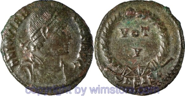 Jovianus 363 - 364, Siscia, AE Mittelbronze, 19,5 mm, 2,52 g, D N IOVIANVS P F AVG // Kranz mit Inschrift / ASISC, ss